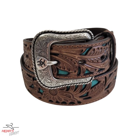 Ariat Accessories - ARIAT Tooled Western Belt Brown Leather Turquoise Inlay Size 34